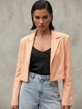 The Ragged Priest Orange Gingham Check Cropped Boxy Blazer XS